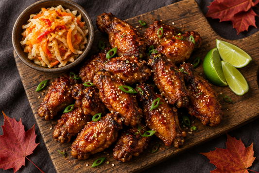 Ailes de poulet glacées à l'érable et à la sauce piquante, servies avec du pikliz et des quartiers de lime