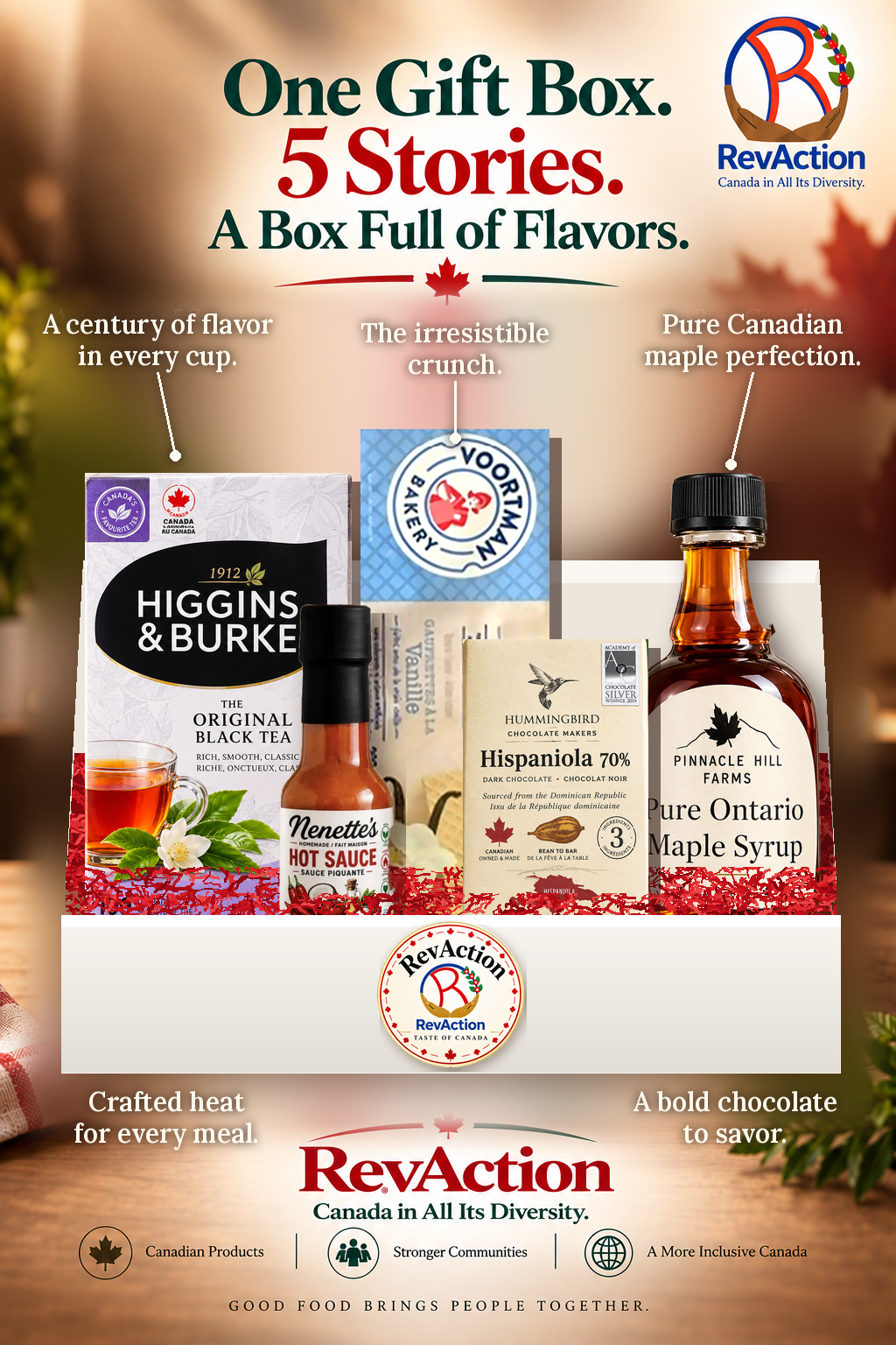 [EN] RevAction Taste of Canada gift box: Higgins & Burke tea, Voortman wafers, Pinnacle Hill Farms maple syrup, Nenette's hot sauce and Hummingbird Hispaniola 70% chocolate
