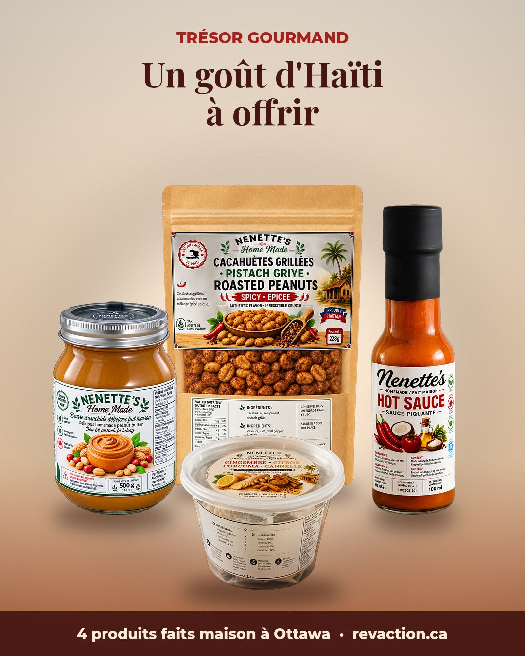 Trésor Gourmand : sauce piquante, beurre d'arachide, arachides grillées et infusion Nenette's